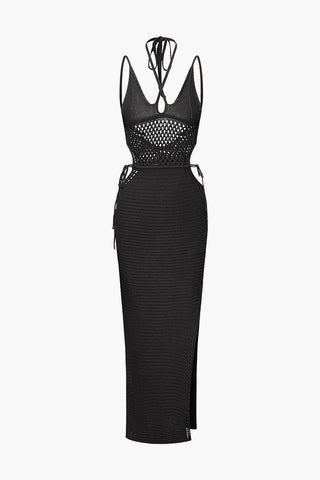 Cut Out Open Knit Backless Halter Maxi Dress (L / BLACK)