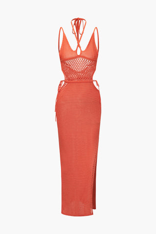 Cut Out Open Knit Backless Halter Maxi Dress (L / ORANGE)