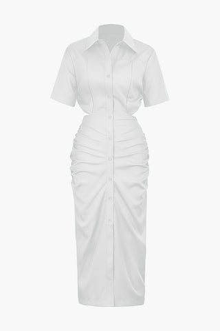 Cut Out Ruched Midi Shirt Dress (L / WHITE)