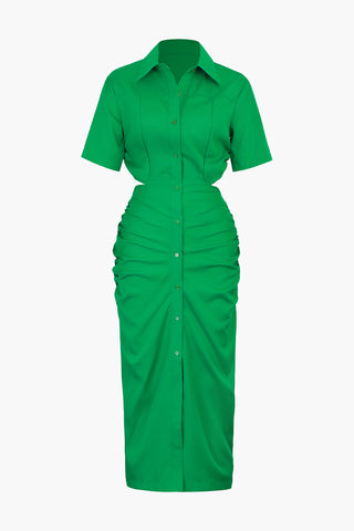 Cut Out Ruched Midi Shirt Dress (M / GREEN)