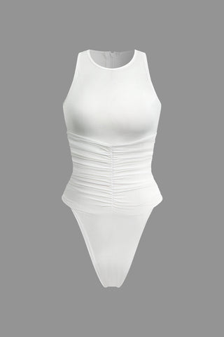 Cut Out Ruched Zipper Sleeveless Bodysuit (L / WHITE)