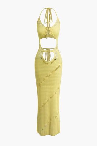 Cut Out Tie Halter Maxi Dress (M / YELLOW)