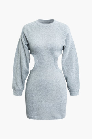 Cut Out Waist Lantern Sleeve Mini Dress (M / GRAY)