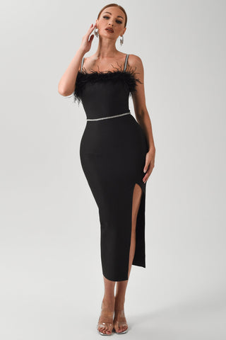 Dana Feather Slit Midi Bandage Dress (L / Black)