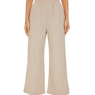 DECIVI Women Basic Linen Pants Pull On Elastic Waist Wide Leg Casual Trousers with Pockets Light