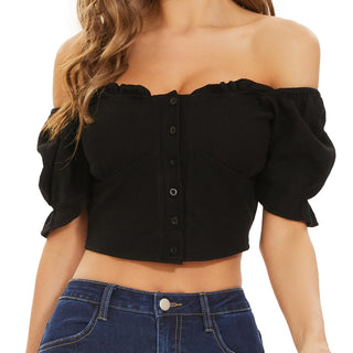 DECIVI Women Off Shoulder Ruffle Trim Puff Short Sleeve Crop Top Blouse Button