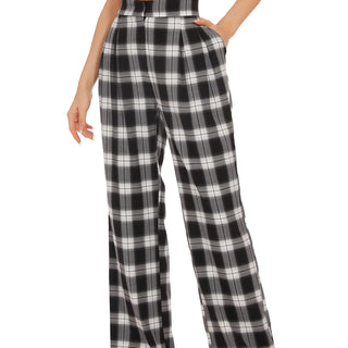 DECIVI Women Plaid Pants High Waist Wide Leg Casual Trousers Elastic Waist Loose Fit with Pockets