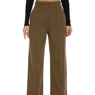 DECIVI Women's Back Elastic Waist Straight Leg Stitch Pants Work Casual High Waist Double Button Trousers Khaki