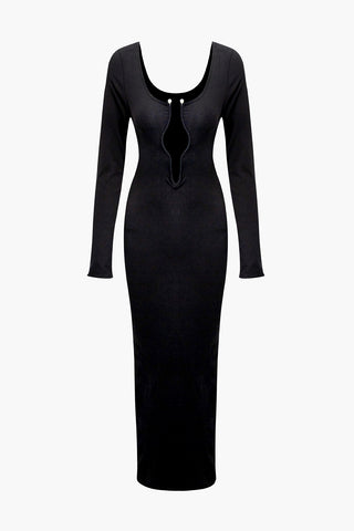 Deep V-neck Pearl Detail Long Sleeve Maxi Dress (S / BLACK)