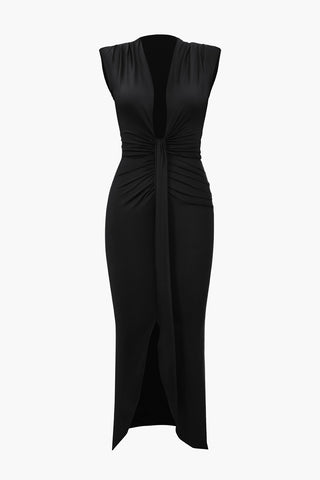 Deep V-Neck Sleeveless Midi Dress (L / BLACK)