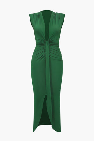 Deep V-Neck Sleeveless Midi Dress (S / DARK GREEN)