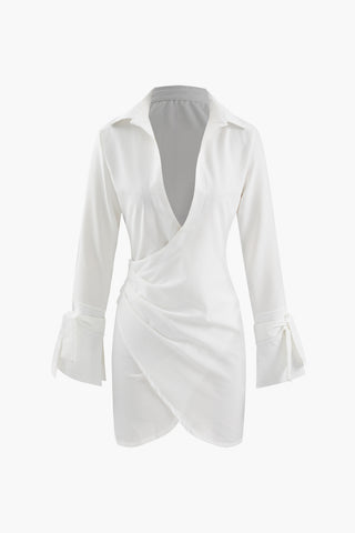 Deep V-neck Wrap Mini Shirt Dress (XXL / WHITE)