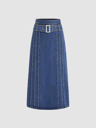 Denim Belted A-line Split Maxi Skirt