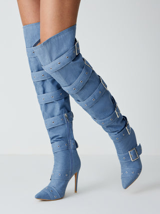 Denim Buckle Tigh-high Boots