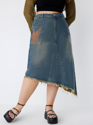 Denim Butterfly Print Raw Hem Midi Skirt Curve & Plus (1XL / Denim)