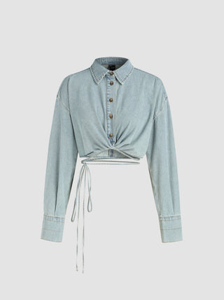 Denim Collar Solid Twist Crop Long Sleeve Blouse