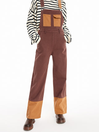 Denim Contrasting Pocket Buckle Jumpsuit (M / Coffee)