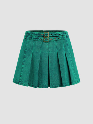 Denim Double Belted Pleated Mini Skirt