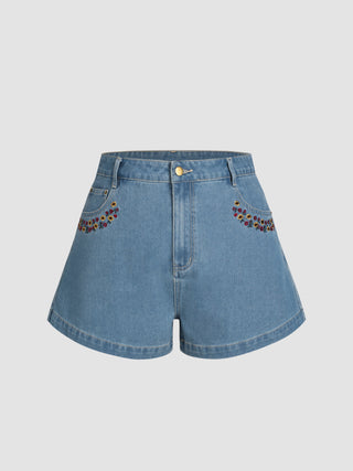 Denim Floral Embroidery Shorts Curve & Plus