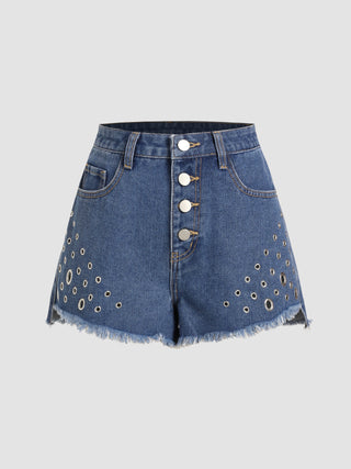 Denim High Waist Button Ripped Shorts