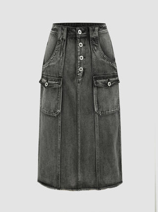 Denim High Waist Cargo Raw Hem Midi Skirt