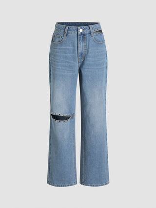 Denim High Waist Cut Out Straight Leg Jeans