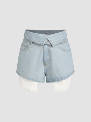 Denim High Waist Fold Over Wide Leg Shorts With Belt