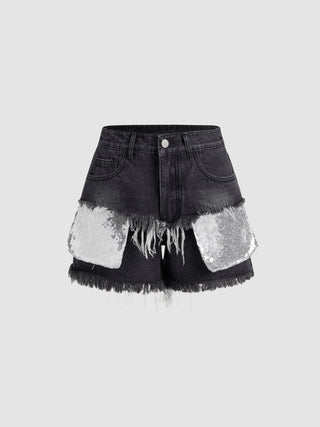 Denim High Waist Patched Sequin Raw Hem Shorts