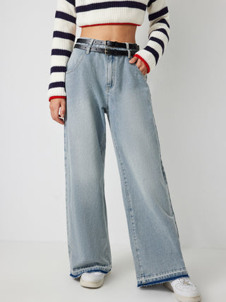 Denim High Waist Pocket Double Belted Wide Leg Jeans