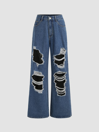 Denim High Waist Ripped Fishnet Wide Leg Jeans