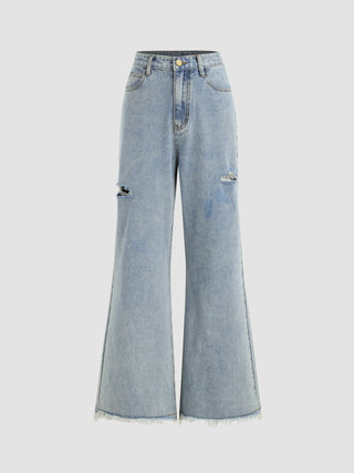 Denim High Waist Ripped Flared Jeans