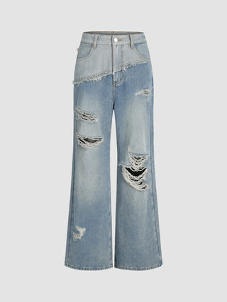 Denim High Waist Ripped Wide Leg Jeans