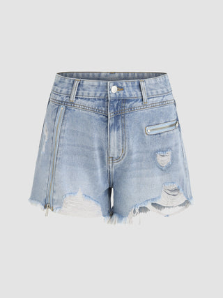 Denim High Waist Ripped Zipper Wide Leg Shorts