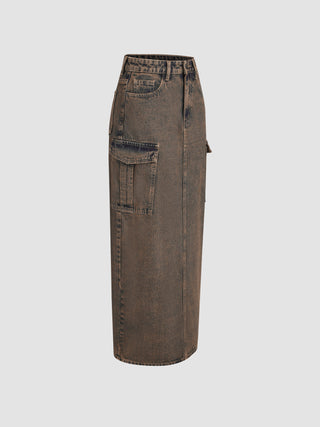 Denim High Waist Solid Cargo Maxi Skirt