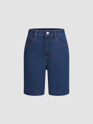 Denim High Waist Solid Pocket Bermuda Shorts