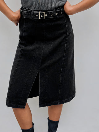 Denim High Waist Split Belted Midi Skirt