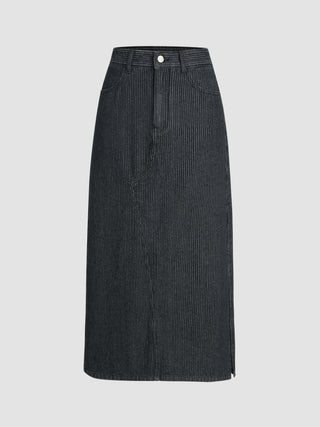 Denim High Waist Striped Pocket Maxi Skirt