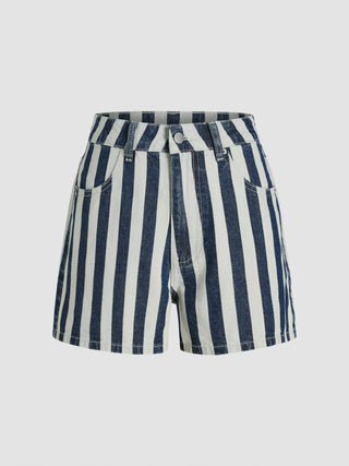 Denim High Waist Striped Straight Leg Mini Shorts (XXS / Blue)