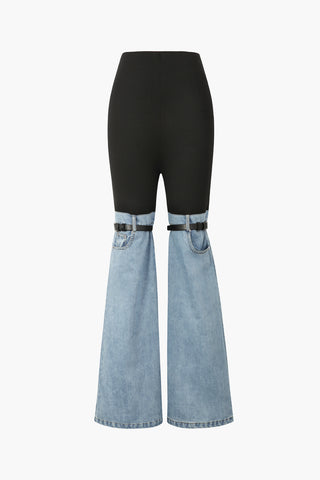 Denim Hybrid Flare Leg Pants (L / BLUE)