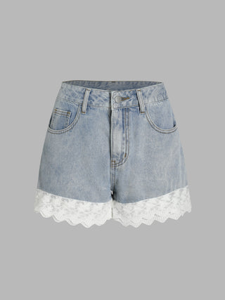 Denim Lace Trim Wide Leg Shorts