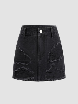 Denim Low Waist Solid Ripped Mini Skirt