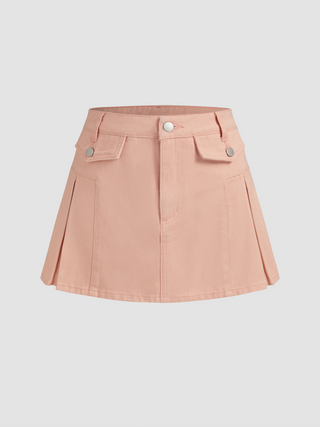 Denim Mid Rise Pleated Wide Leg Shorts (M / Pink)