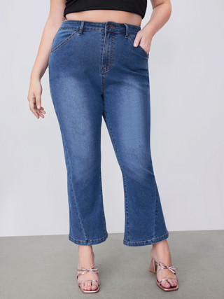 Denim Mid Rise Solid Flared Cropped Jeans Curve & Plus