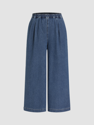 Denim Mid Waist Pleated Wide Leg Jeans Curve & Plus