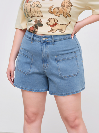 Denim Mid Waist Pocket Wide Leg Shorts Curve & Plus