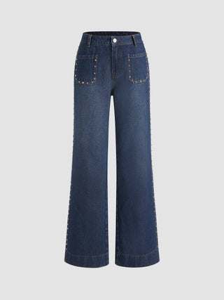 Denim Mid Waist Rivet Wide Leg Jeans