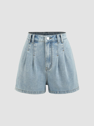 Denim Mid Waist Solid Button Straight Leg Shorts