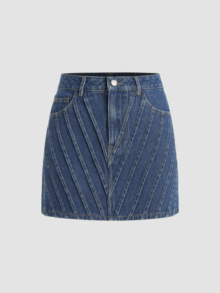 Denim Mid Waist Solid Patched Mini Skirt