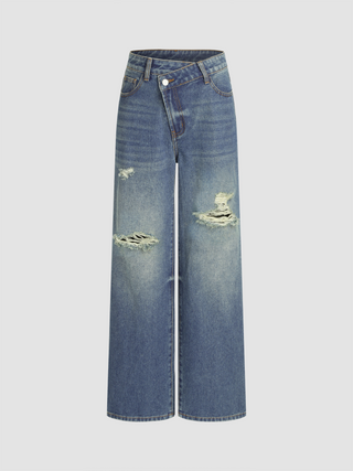 Denim Mid Waist Solid Ripped Straight Leg Jeans