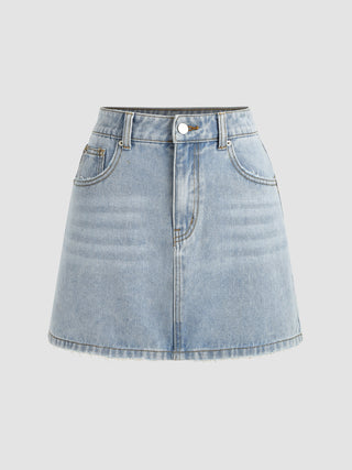 Denim Mid Waist Solid Skirt